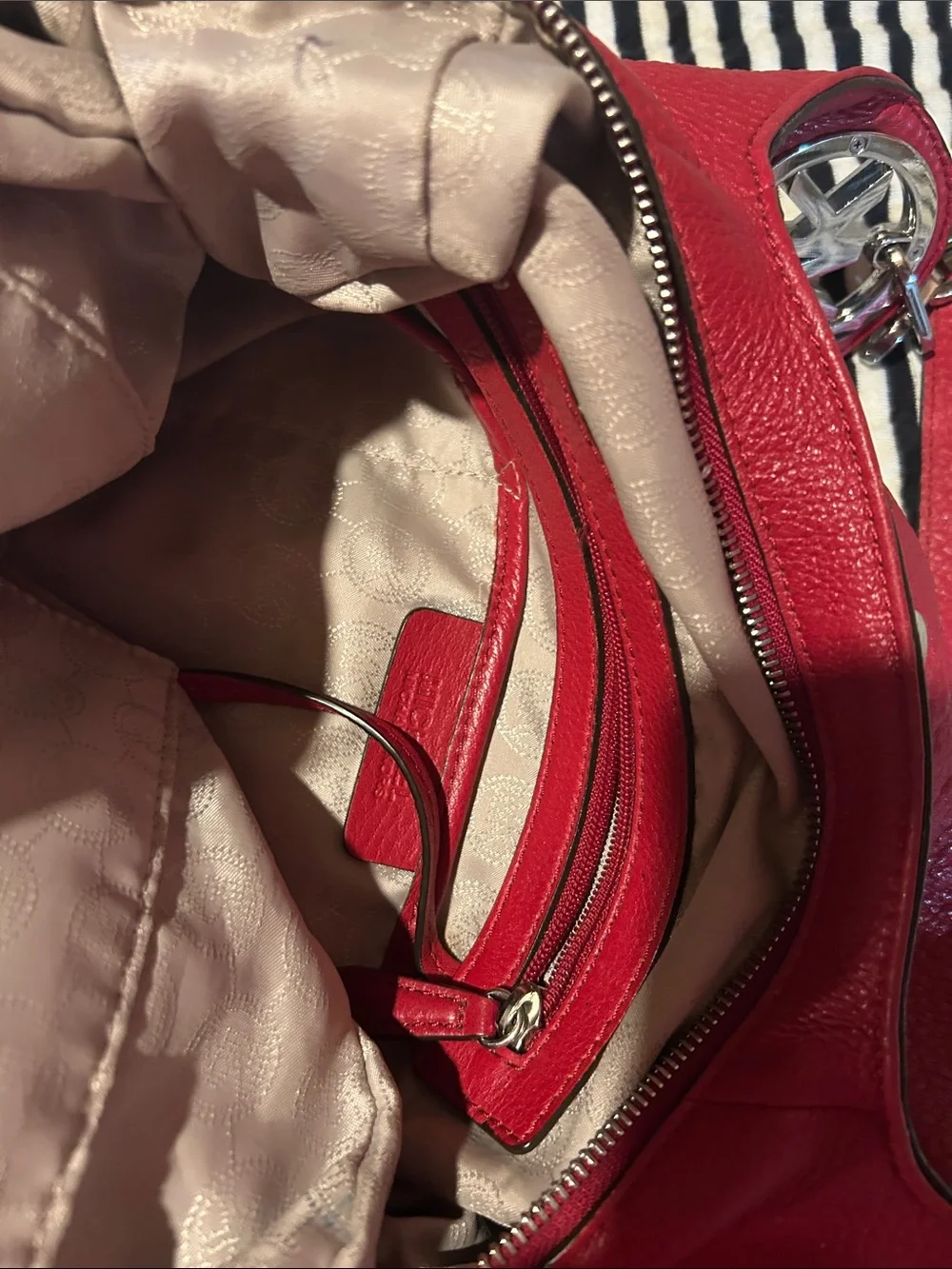 Michael Kors Pink-Red Pebbled Leather Shoulder Bag with Silver Hardware